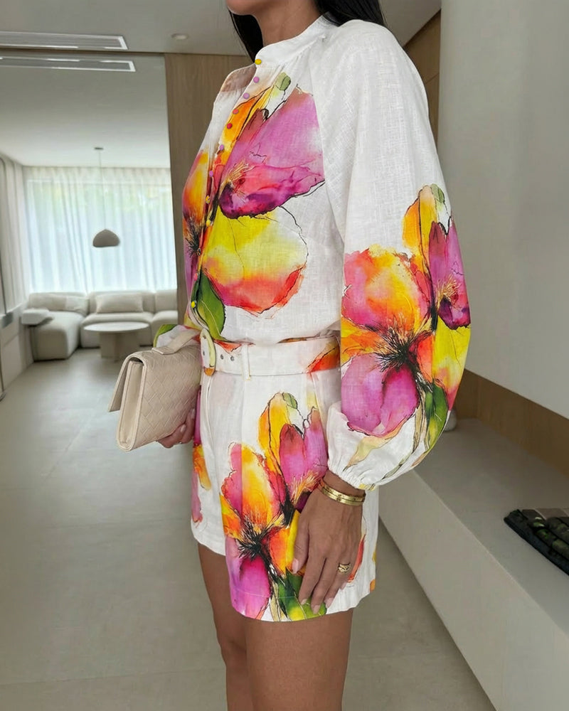 2 Pieces Outfit Stand Collar Lantern Sleeve Button Front Top and High Waist Elastic Waist Shorts Set Casual Watercolor Floral Placement Print Set with Belt & Lining - Image 4