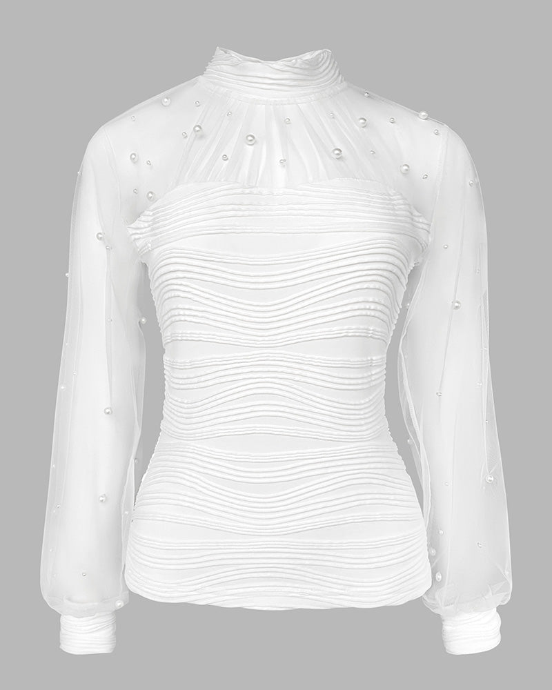 Pearls Decor Mock Neck Sheer Mesh Spliced Ruched Tee Hollow-out Back Slim Fit Textured Top - Image 5