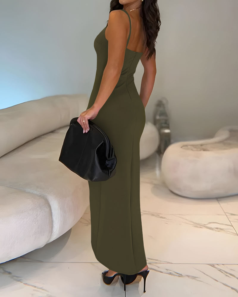 Sexy Square Neck Thick Strap Backless Slit Dress - Image 26