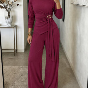 Women's 2 Piece Ribbed Knit Set Gold Buckle Asymmetric Long Sleeve Draped Top and Wide Leg Pants Set
