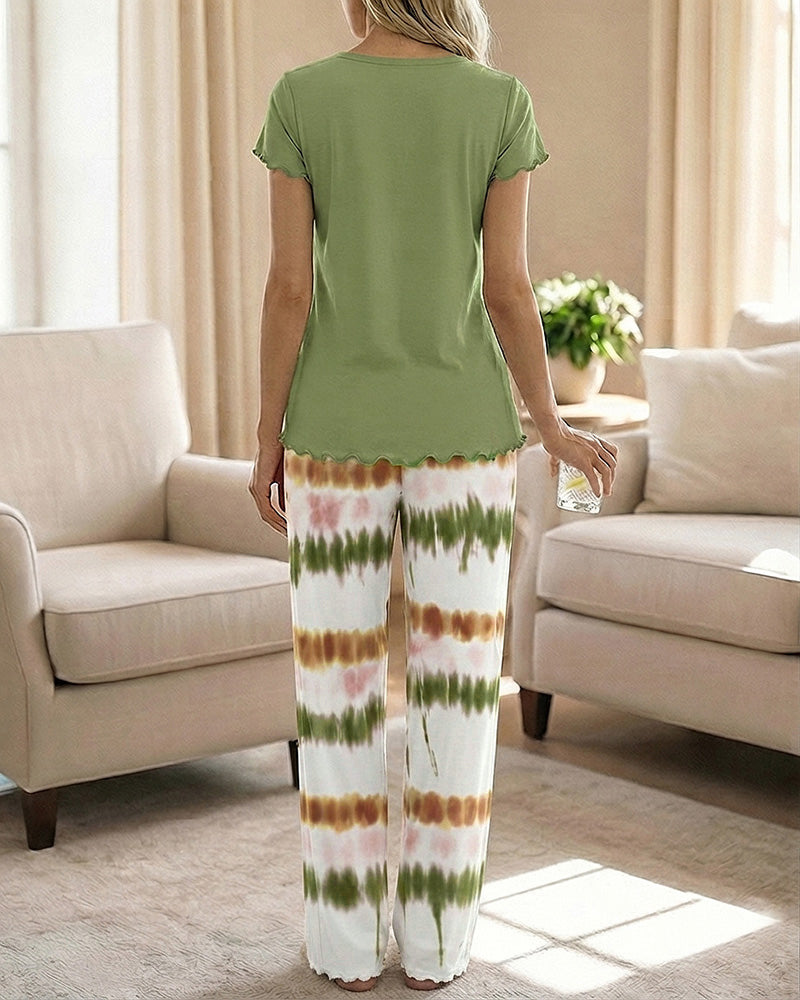 Women's Two Piece Pajama Set Faith Letter Print Short Sleeve Top and Tie Dye Straight Leg Pants Casual Lounge Set - Image 2
