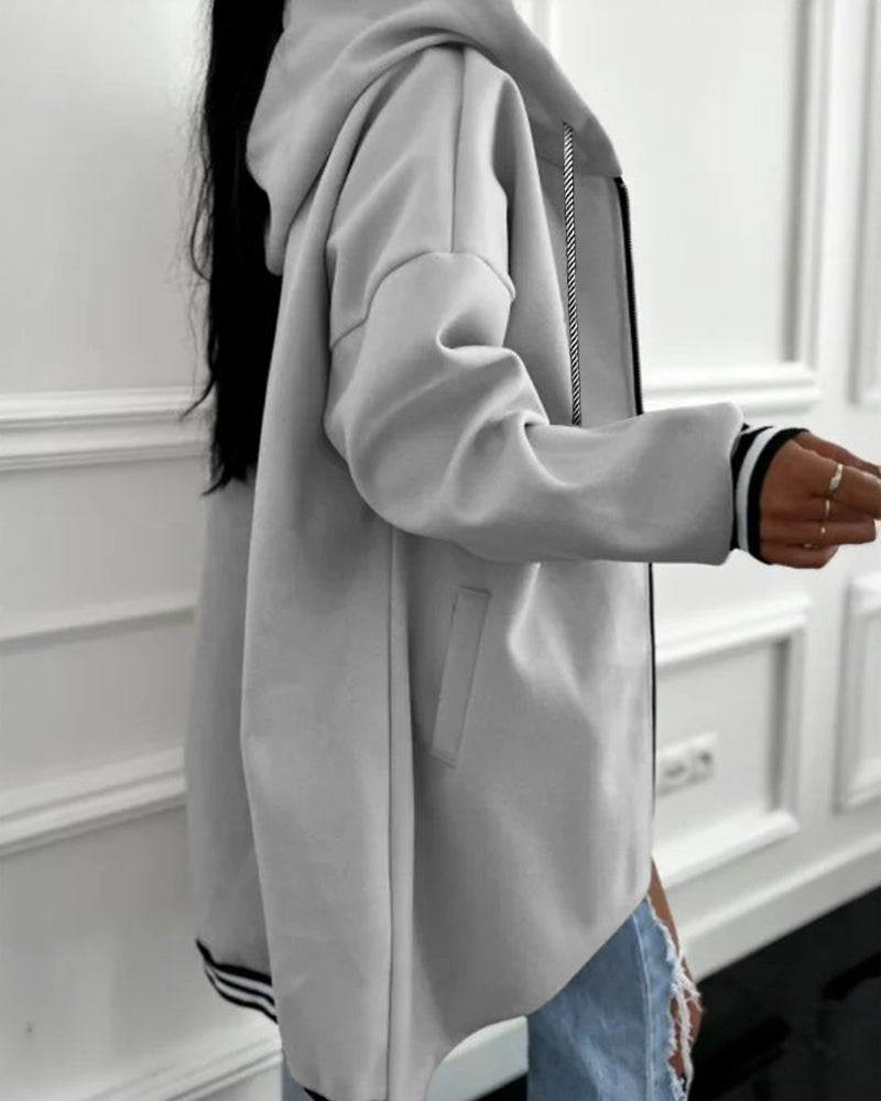 Striped Cuffs Pockets Design Zipper Front Drawstring Hoodie Jacket Casual Drop Shoulder Asymmetrical Hem Mid-length Coat - Image 11