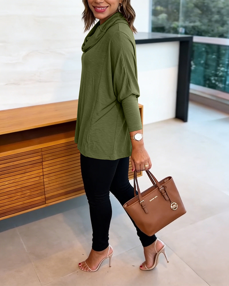 Women's Cowl Neck Batwing Sleeve Top Casual Long Sleeve Loose Pullover Comfortable Soft Drape Blouse - Image 26
