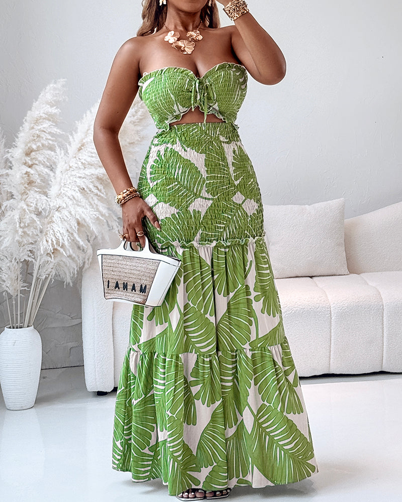 Tropical Print Halter Tie Shirred Frill Trim Cinched Waist Vacation Dress Ruched Cutout Front Slim Fit Ruffle Hem Mermaid Dress - Image 11