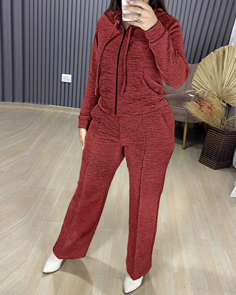 2 Pieces Outfit Long Sleeve Zip Up Drawstring Hoodie Coat and Casual Elastic Waist Seam Front Straight Leg Pants Set - Image 14