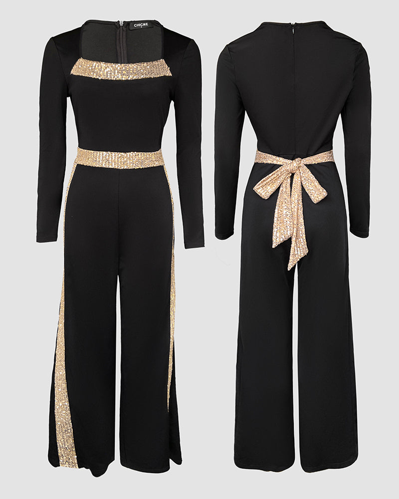 Sequin Bowknot Decor Contrast Sequin Paneled Square Neck Long Sleeve Jumpsuit Casual Cinched Waist Wide Leg Jumpsuit - Image 7