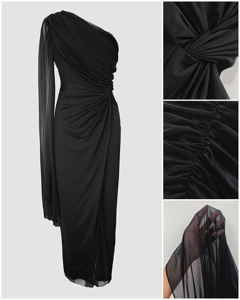 One Shoulder Asymmetrical Mesh Cloak Sleeve Ruched Twist Waist Evening Dress Waist Gathered Slit Party Dress - Image 5