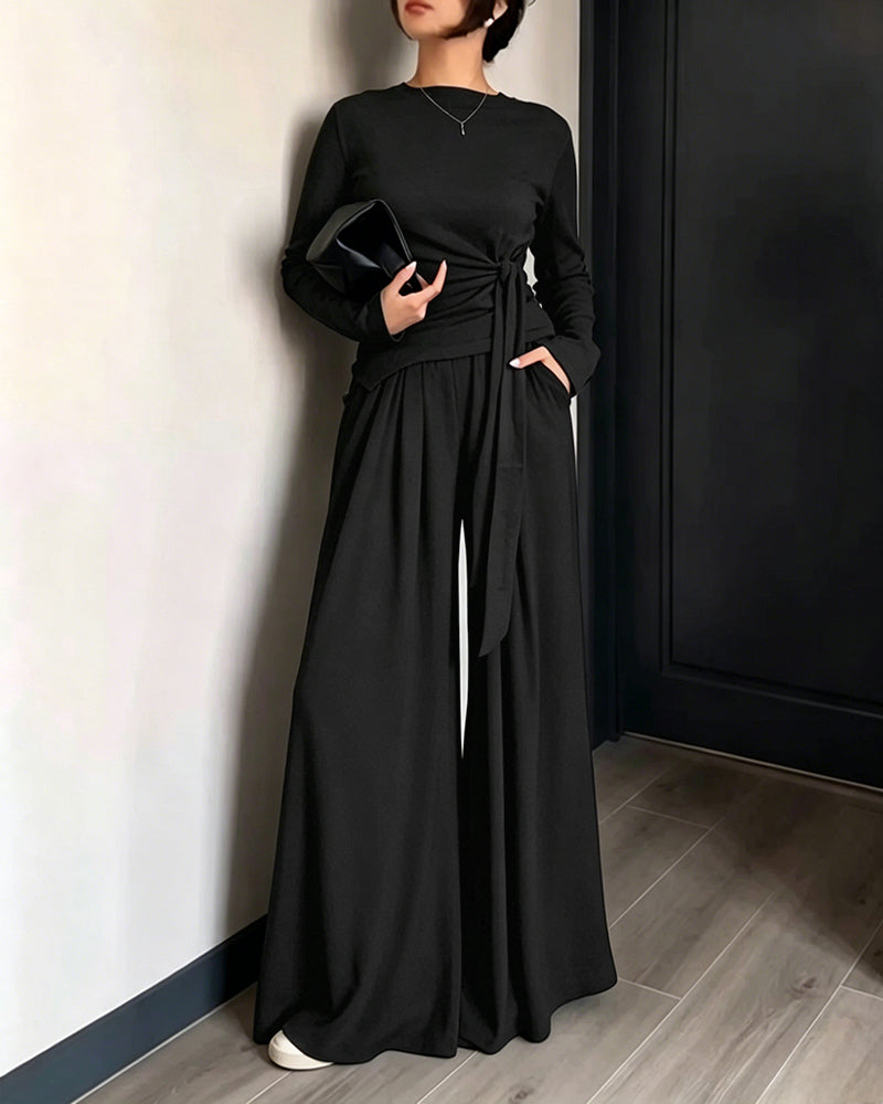 Women's 2 Piece Knit Lounge Set Long Sleeve Tie Waist Top and High Waisted Wide Leg Pants Casual Soft Sweatsuit with Pockets - Image 18