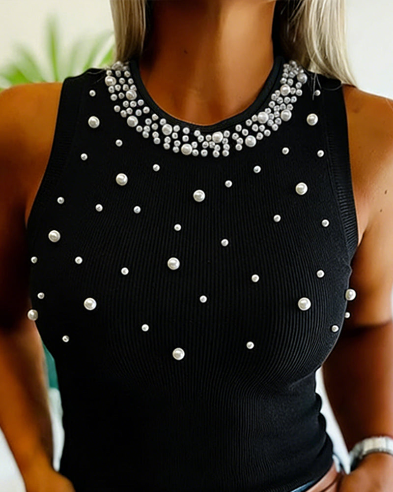 Women's Pearls Slim Fit Tank Top Sleeveless O-neck Ribbed Knit Tee - Image 4