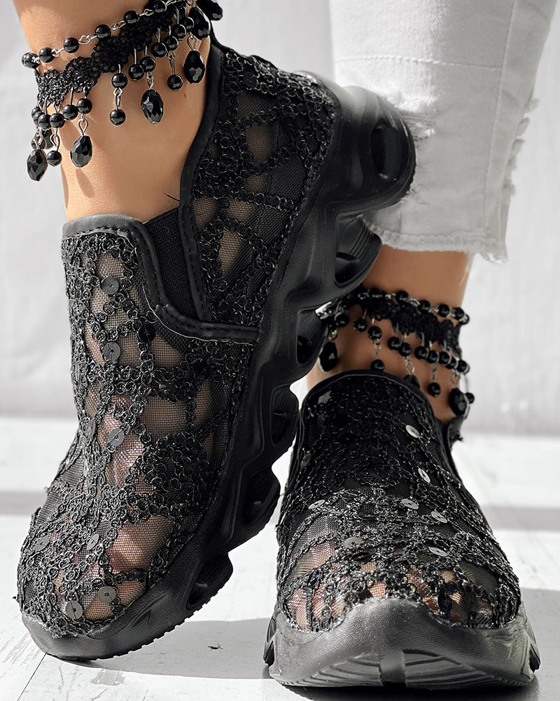 Contrast Sequin Sheer Mesh Patch Breathable Sneakers - Image 21
