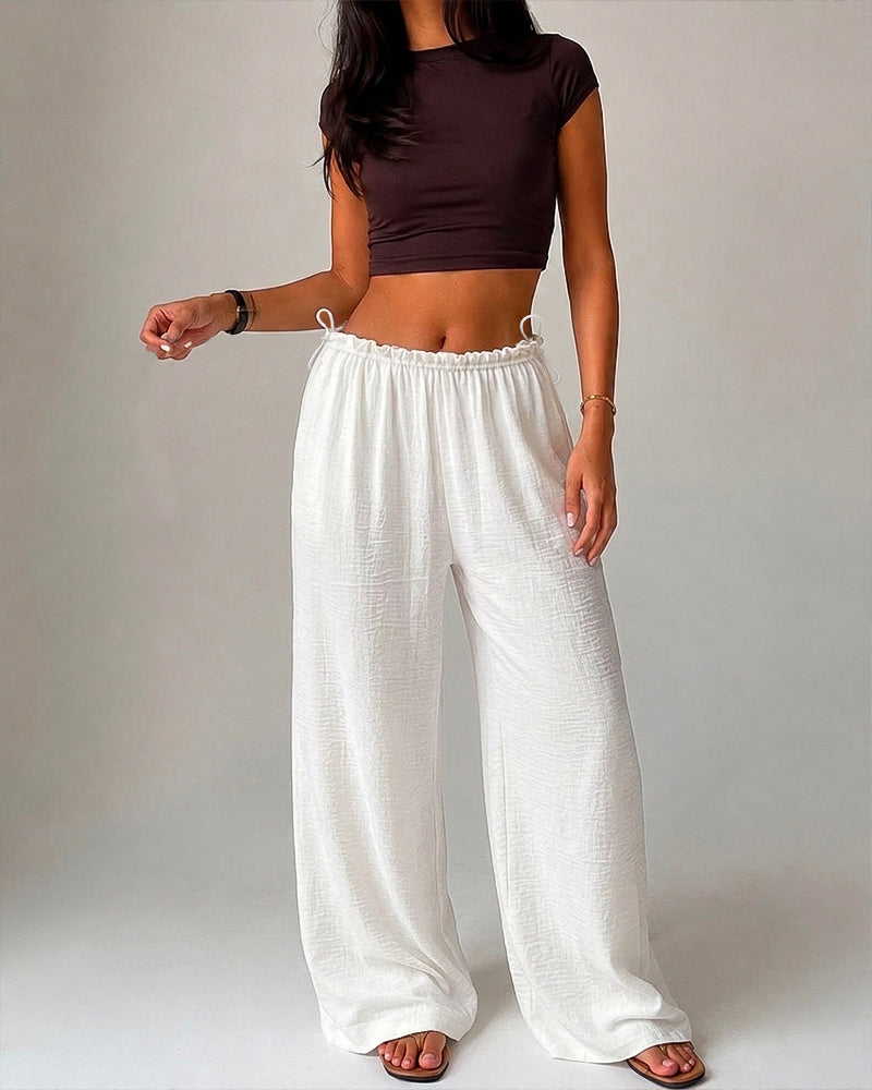 Women's High Waisted Wide Leg Pants Flowy Crinkle Casual Drawstring Lounge Trousers - Image 4