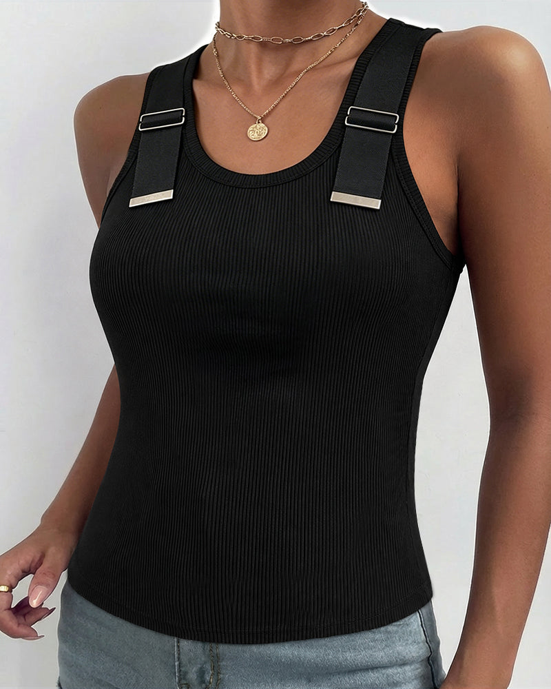 Women's Ribbed Knit Tank Top Adjustable Buckle Strap Side Ruched Knit Top Curved Hem Slim Fit Vest - Image 4