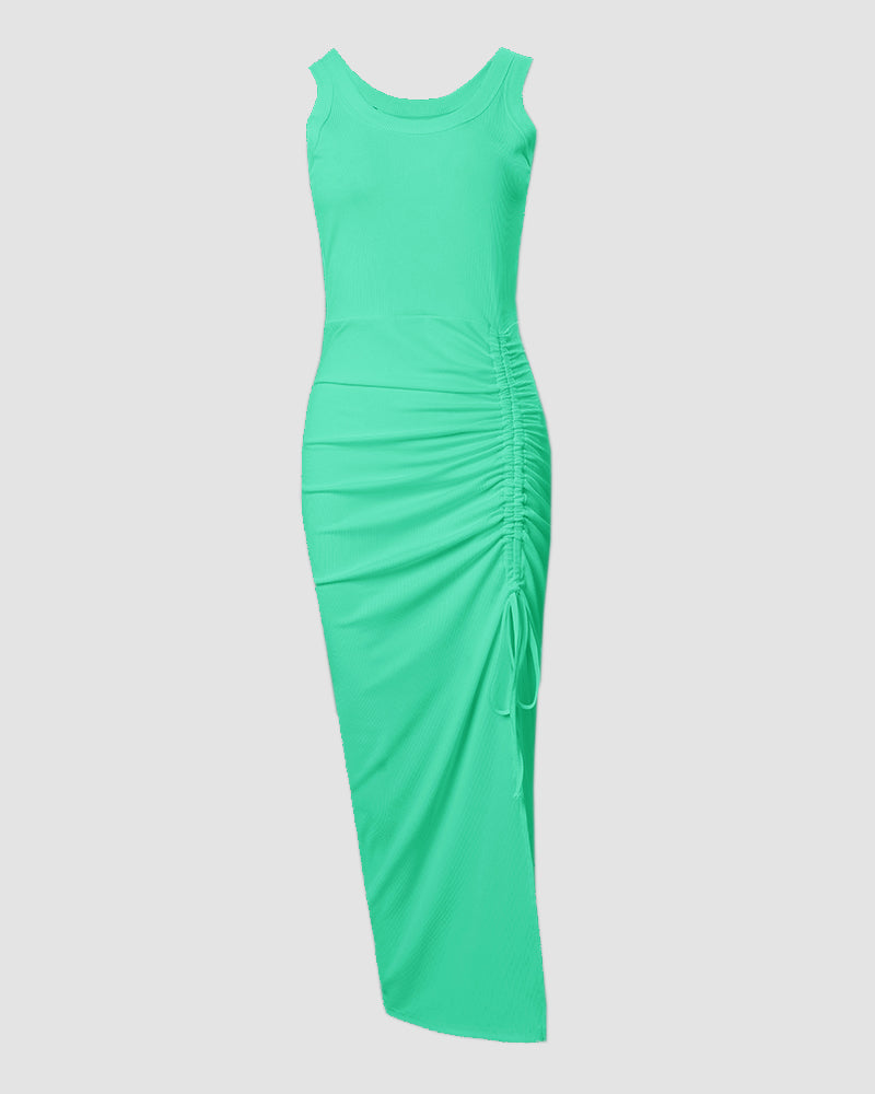 Side Slit Drawstring Ruched Bodycon Casual Sun Maxi Dresses Sleeveless Ribbed Tank Dress - Image 24