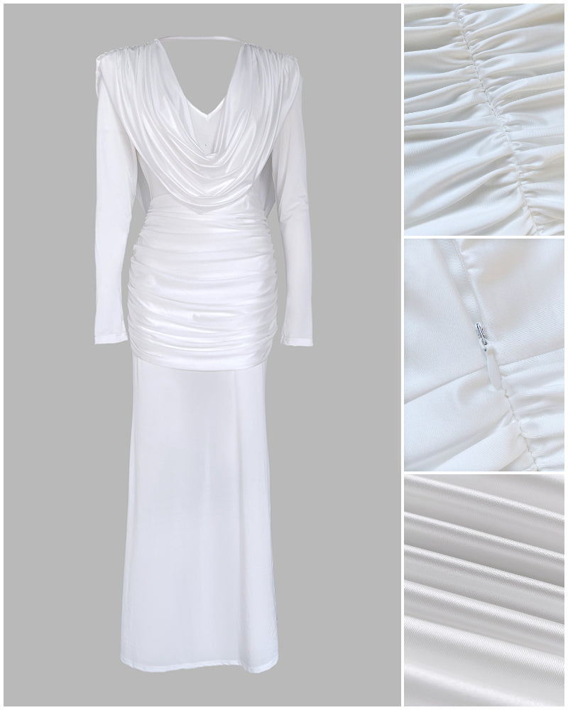 Cowl Neck Ruched Zipper Back Slim Fit Maxi Dress Casual Padded Shoulders Backless Evening Dress - Image 7