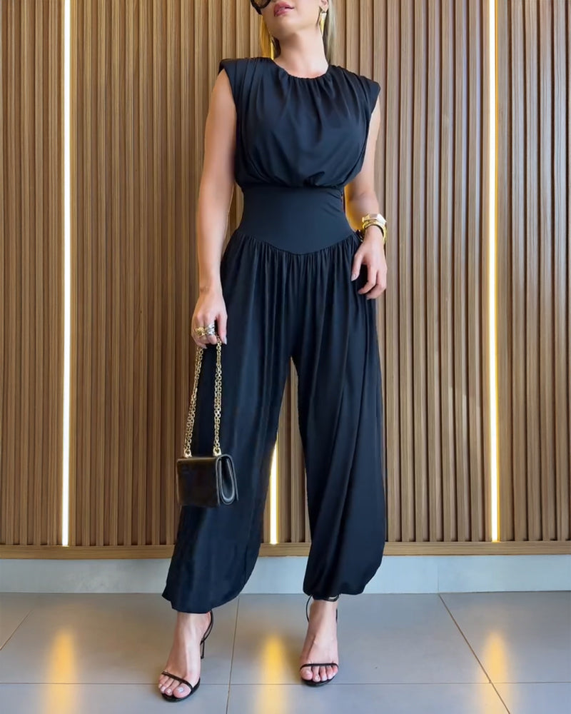 Padded Shoulders Sleeveless Cinched Waist Side High Slit Overalls Casual Hollow-out Back Ruched Jumpsuit - Image 4