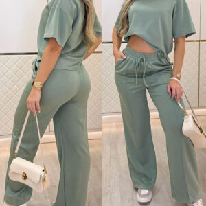 2 Pieces Outfit O-neck Short Sleeve Side Slit Top and Casual Drawstring Elastic Waist Seam Front Wide Leg Pants Set