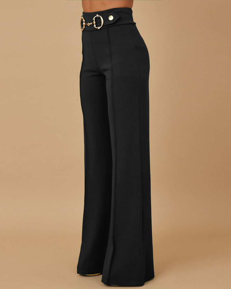 Metal Button Decor High Waist Casual Straight Leg Work Pants - Image 17