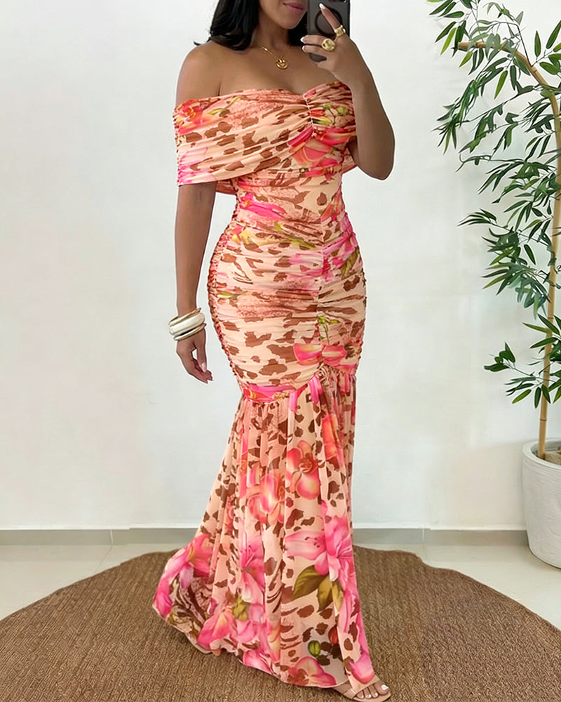 Women's Foldover Off Shoulder Mermaid Dress Ruched Bodycon Leopard Floral Maxi Dress Sexy Tropical Vacation Dress - Image 4