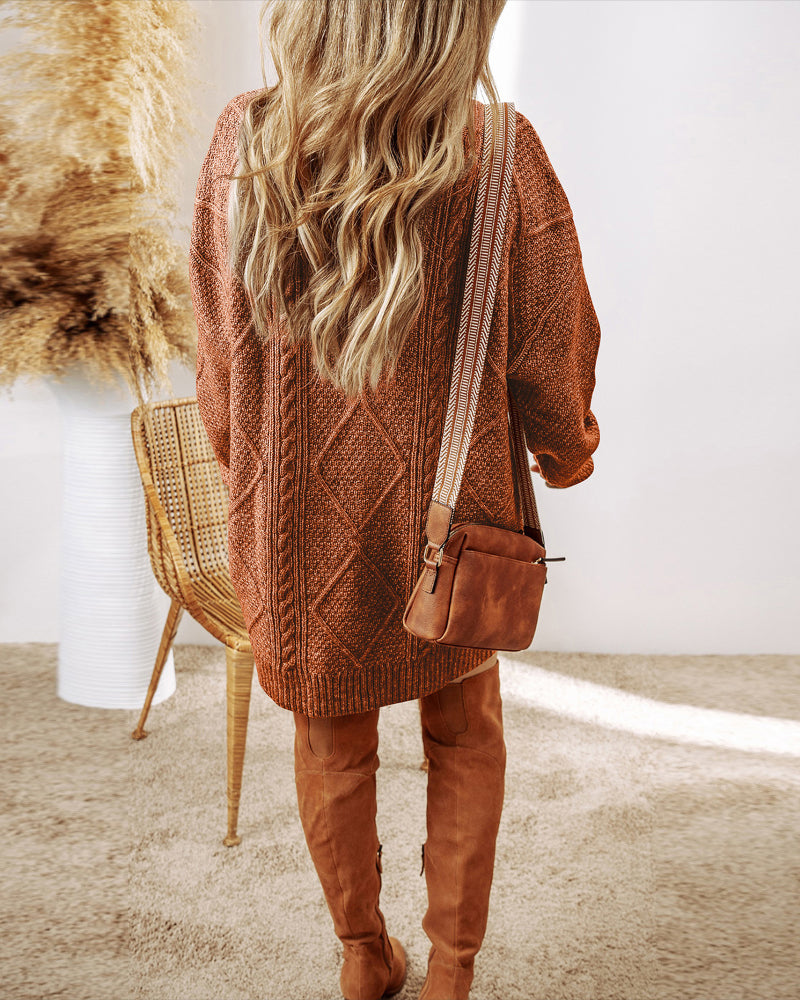 Round Neck Long Sleeve Drop Shoulder Pullover Sweater Casual Loose Fit Cable Knit Mid Length Sweater - Image 17