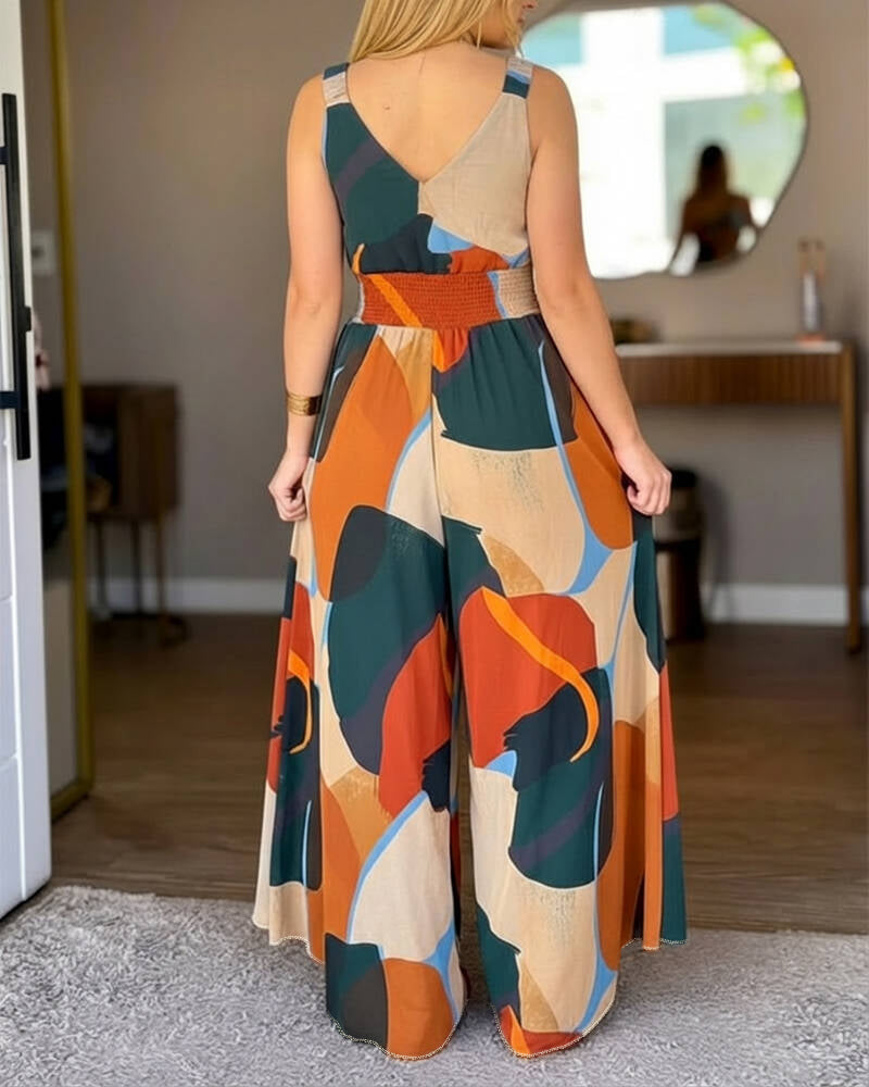 Abstract Print V-Neck Stretchy Thick Straps High Waist Backless Overalls Casual Shirred Waist Cinched Waist Wide Leg Jumpsuit - Image 2