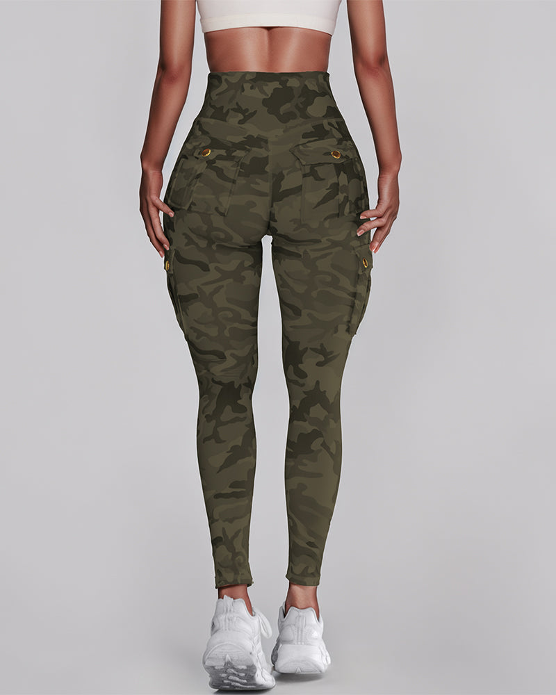 Camouflage Print High Waist Skinny Leggings with Cargo Flap Pockets Casual Pants - Image 2