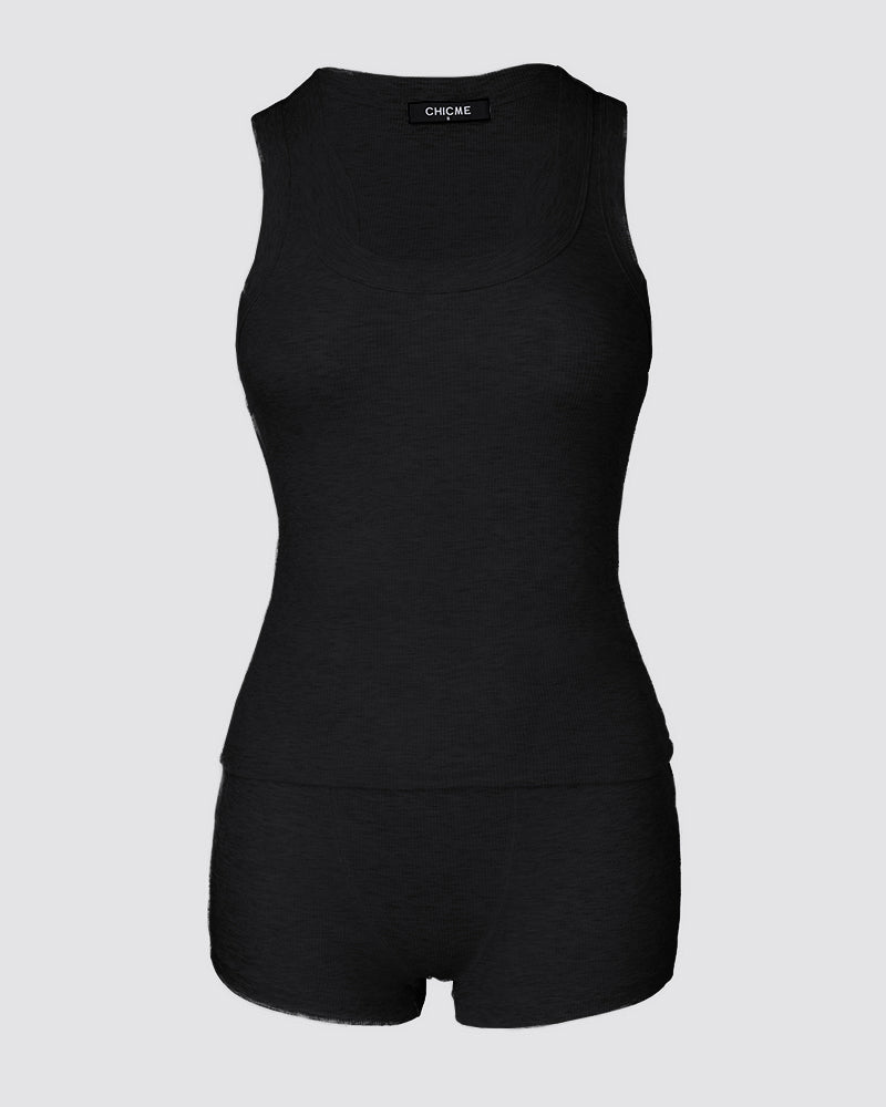 2PCS Micro-Ribbed U-Neck Tank Top & Boxer Set Cozy Loungewear - Image 12