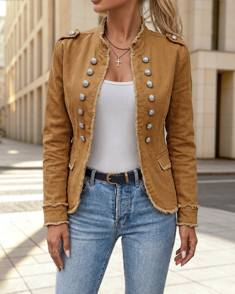 Women's Double Breasted Jacket Casual Stand Collar Raw Hem Crop Outerwear - Image 3