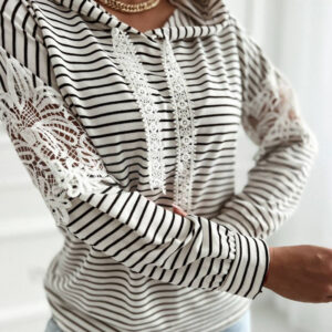 Striped Contrast Floral Lace Patchwork Long Sleeve Pullover Casual Lace Drawstring Hoodie Sweatshirt