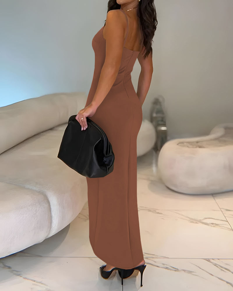 Sexy Square Neck Thick Strap Backless Slit Dress - Image 16