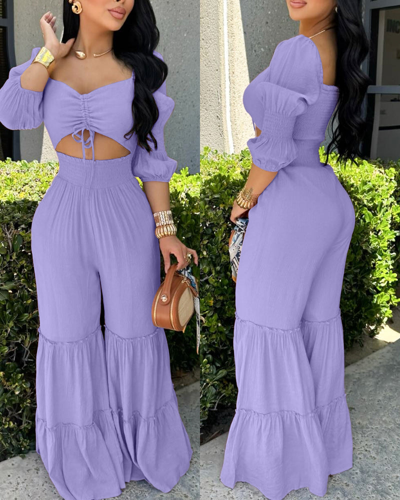 Sweetheart Neck Puff Sleeve Drawstring Front Shirred Overalls Casual Cutout Front Ruffle Hem Wide Leg Jumpsuit - Image 8