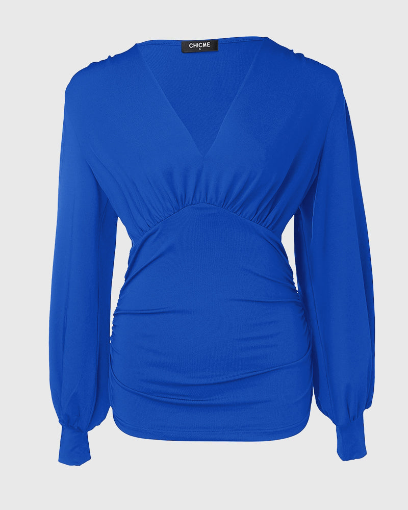 Deep V-Neck Lantern Sleeve Ruched Blouse Casual Slim Fit Top - Image 25