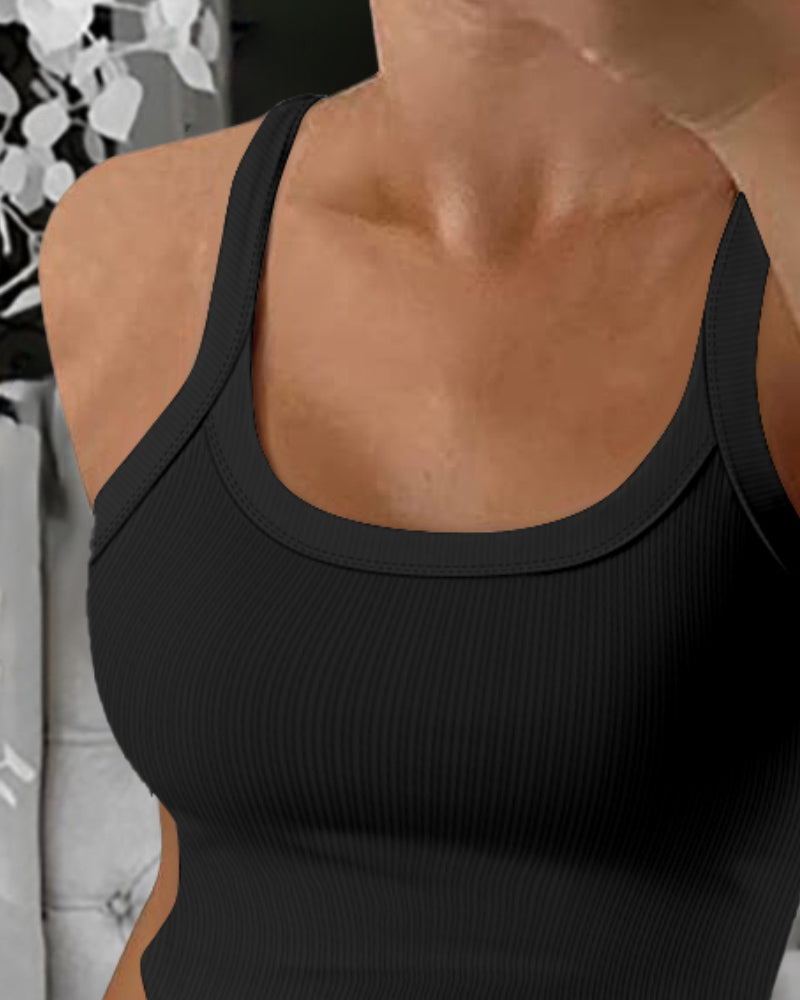 Scoop Neck Spaghetti Strap Ribbed Top Casual Sleeveless Slim Fit Tank - Image 11