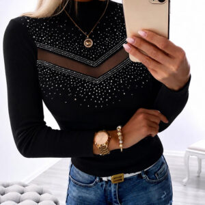 Women's Rhinestone Sheer Mesh Spliced Top Mock Neck Long Sleeve Knit Top Sparkly Fitted Pullover