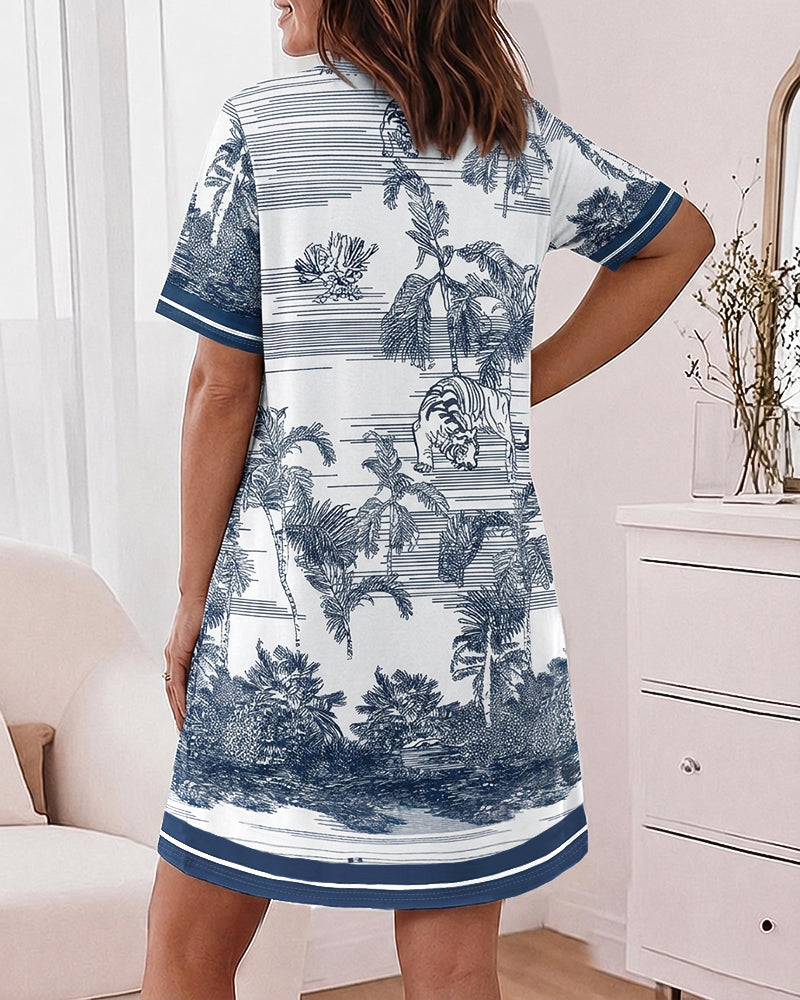 Women's Vintage Landscape Print Nightgown Casual Short Sleeve Loungewear Dress with Pockets - Image 2