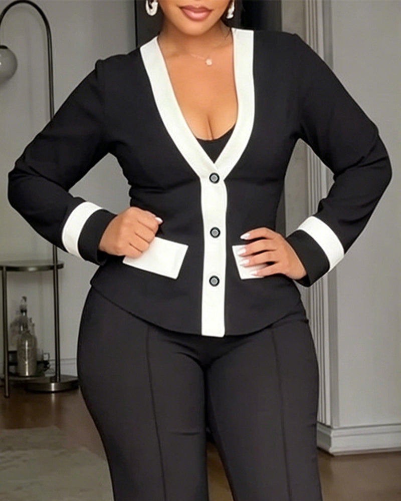 Women's Contrast Binding Coat Casual Slim Fit V Neck Jacket Button Front Office Business Workwear - Image 4