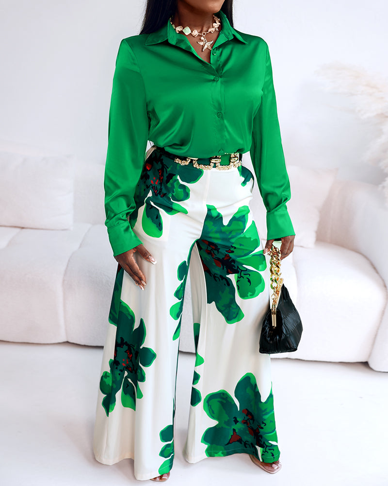 2 Pieces Outfit Long Sleeve Satin Blouse and Casual Floral Print High Waist Wide Leg Pants Set - Image 5