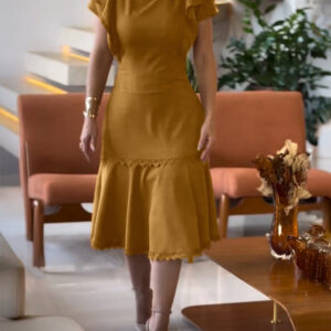 Butterfly Sleeve Hollow-out Back Shirred Dress Casual Cinched Waist Lace Trim Ruffle Hem Commuting Dress