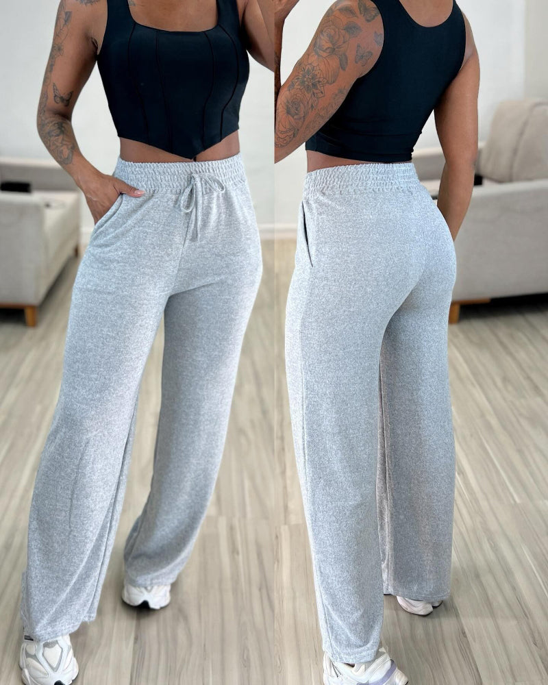 High Waist Drawstring Elastic Waist Wide Leg Casual Pants - Image 7