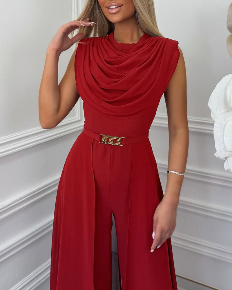 Women's Cowl Neck Wide Leg Jumpsuit High Waist Sleeveless Chiffon Overlay Spliced Evening Overalls with Belt - Image 10