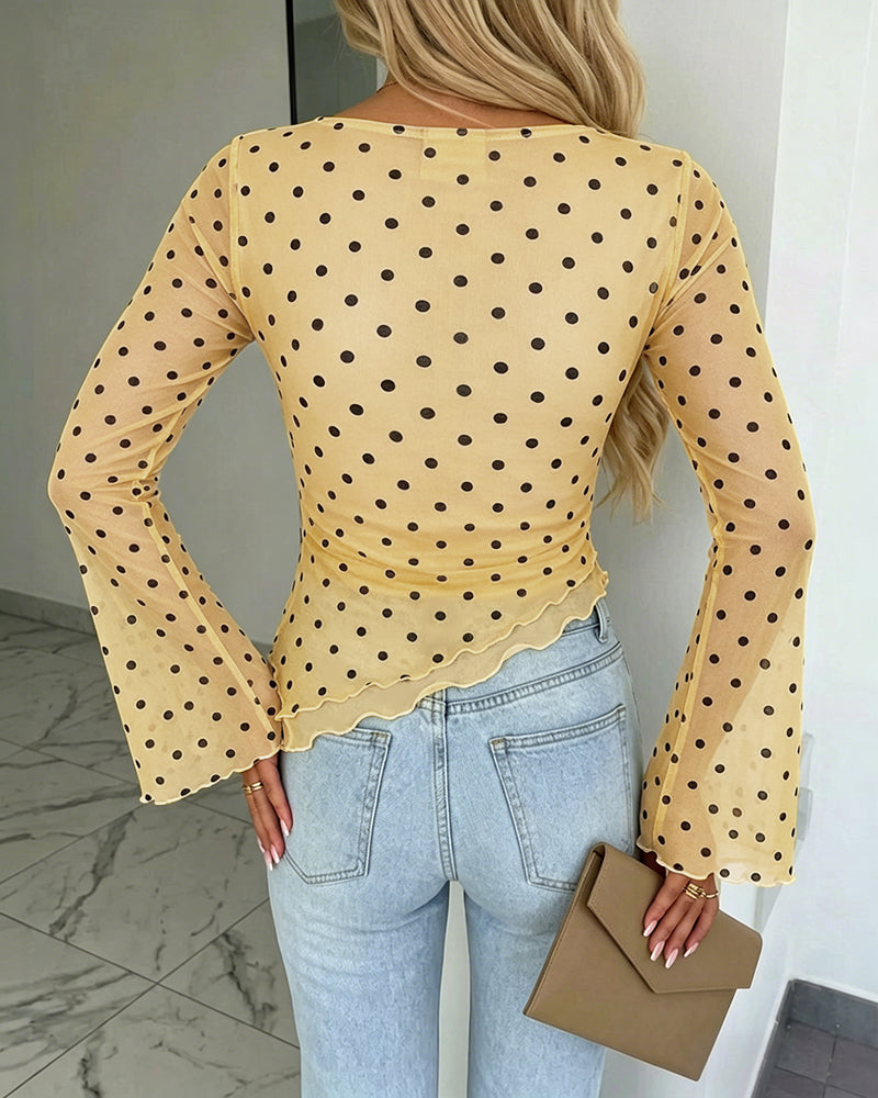 Women's Polka Dot Mesh Top Flare Long Sleeve Boat Neck Lined Asymmetric Frill Hem Blouse Vintage Party Shirt - Image 9