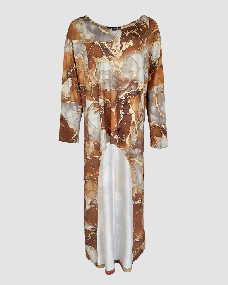 CHICME Women's Marble Print Long Sleeve Blouse Loose Fit High-Low Hem Tunic Top - Image 6