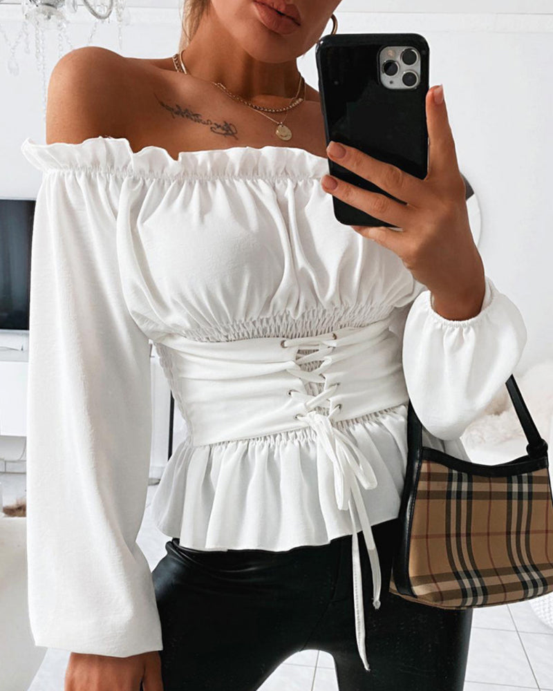 Frill Trim Off Shoulder Long Sleeve Lace-up Front Blouse Casual Shirred Waist Flared Hem Top - Image 2