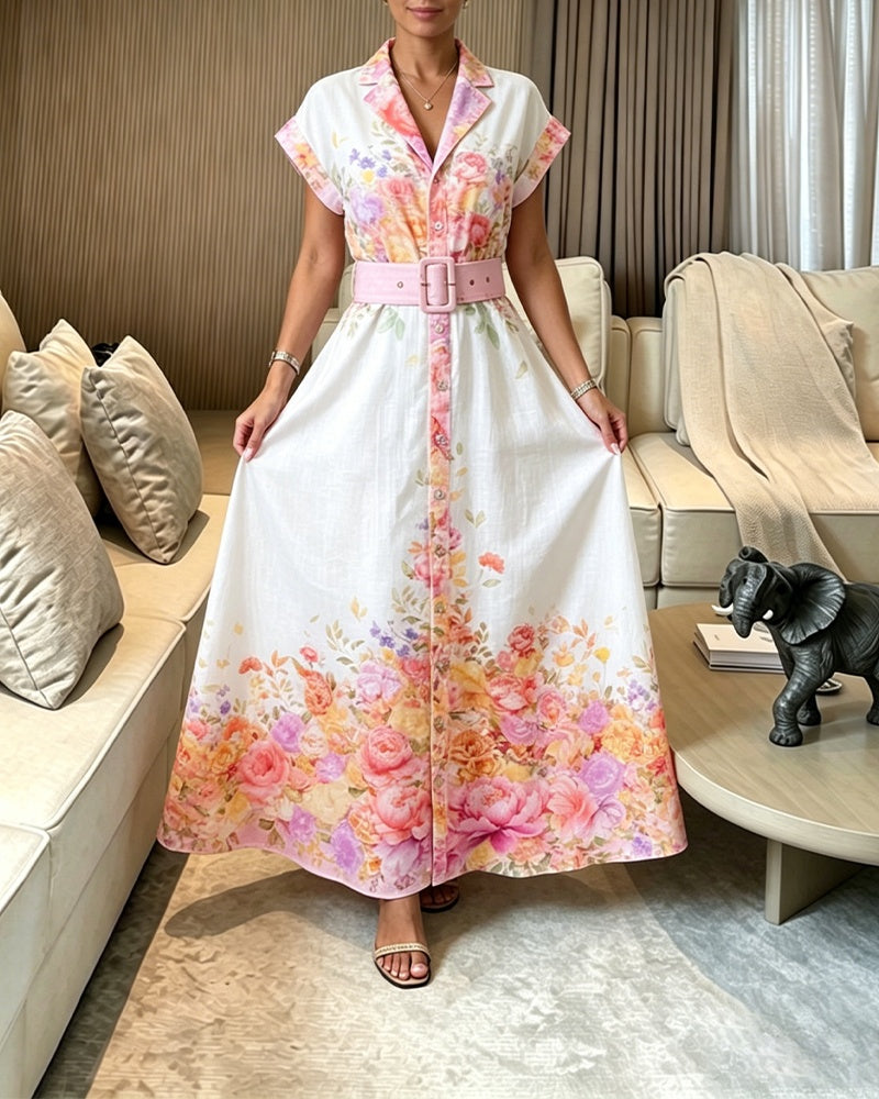 Women's Floral Print Maxi Dress Notched Collar Button Down Swing Dress Elegant French Style Vacation Dress with Belt - Image 3