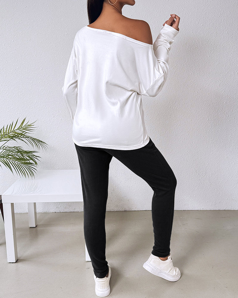 2 Pieces Outfit Nope. Not Today Slogan Print Skew Neck Long Sleeve Pullover Top And Casual Drawstring Stretchy Waist Slim Fit Pants Set - Image 10
