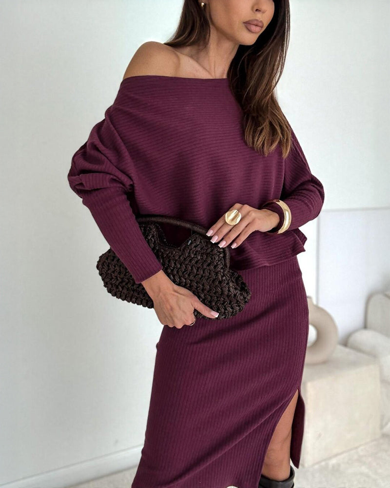 2 Pieces Outfit Skew Neck Batwing Sleeve Top and Side Slit Skirt Set Casual Ribbed Set - Image 6