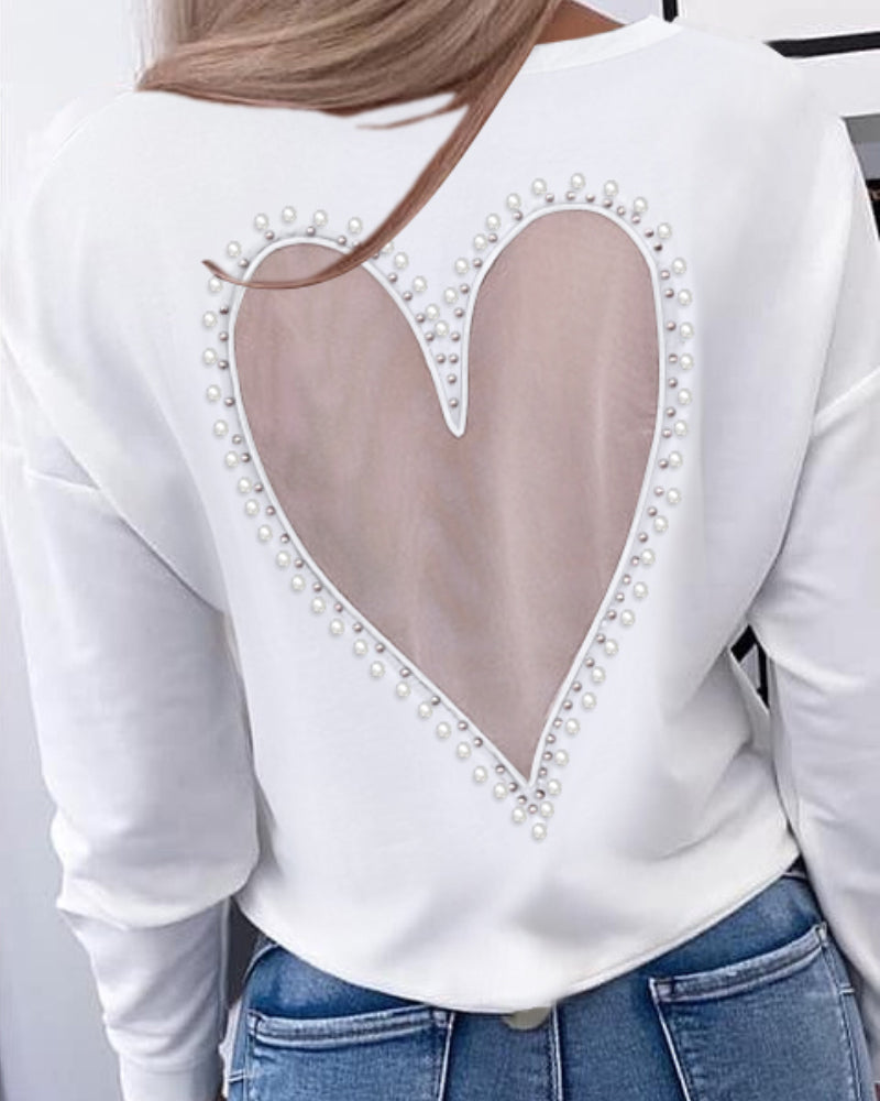 Pearls Decor Sheer Heart Pattern Mesh Spliced Tee Casual Drop Shoulder Long Sleeve Top - Image 4