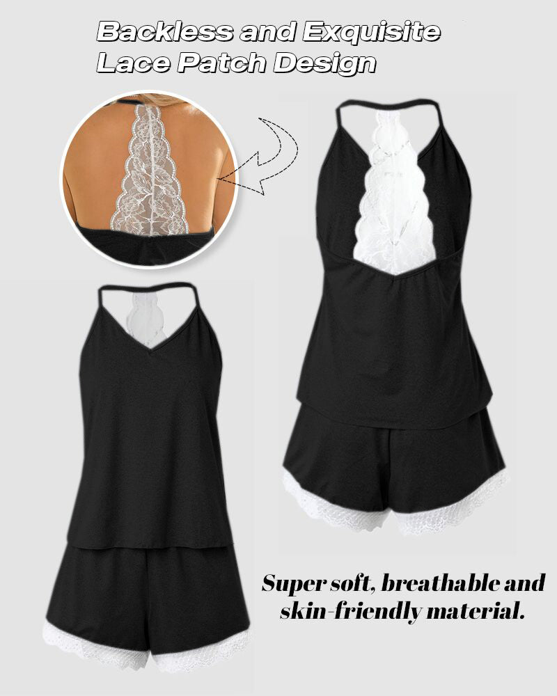 Crochet Lace Trim Backless Cami Top And Shorts Set Pajams Set Sleepwear - Image 13