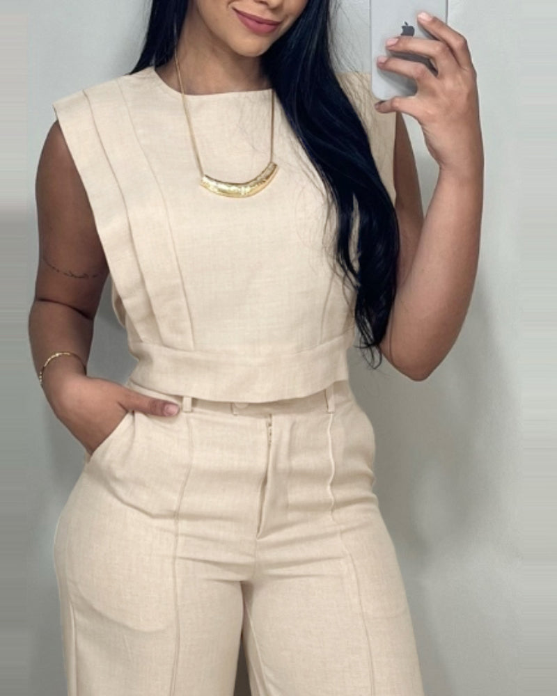 2 Pieces Outfit 3D Cutting Decor Design Cap Sleeve Hollow-out Back Crop Top and Casual Zipper Fly Seam Front Straight Pants Set - Image 11