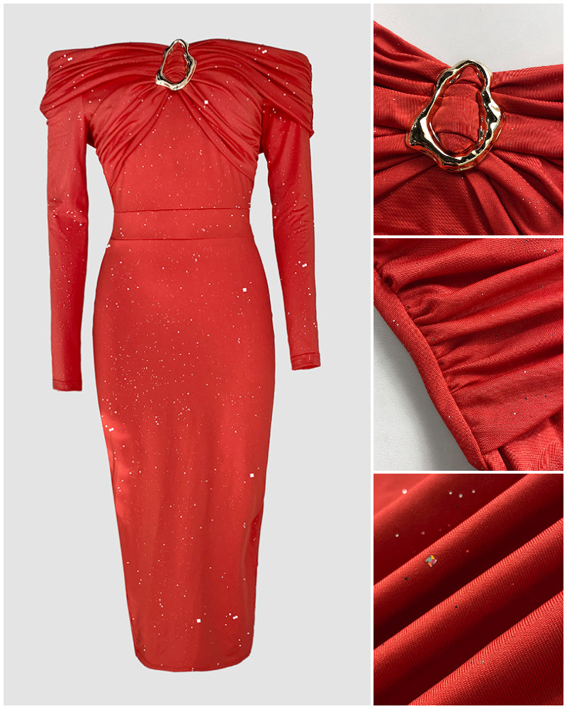 Off Shoulder Long Sleeve Chic Mental Buckle Ruched Mid-Calf Dress - Image 7