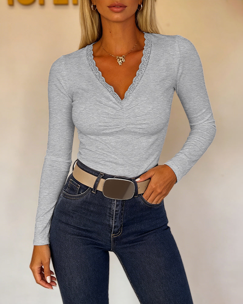 Women's Lace V Neck Ruched T Shirt Slim Fit Long Sleeve Tee Casual Elegant Top - Image 19